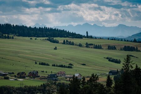 Meadow scenery landscape with blue sky concept. Tatra, border of Poland and Slovakiaの写真素材