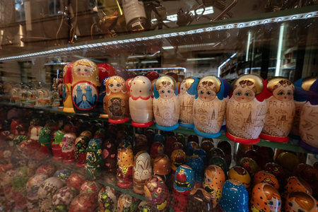 Prague, Czechia - 10.08.2019. The architecture of the old city of Prague. Ancient buildings, cozy streets. Czech souvenir shop with nesting dollsのeditorial素材