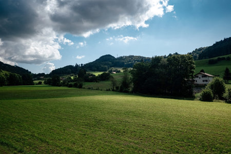 Scenic panoramic view of idyllic rolling hills landscape with blooming meadows on a beautiful sunny...