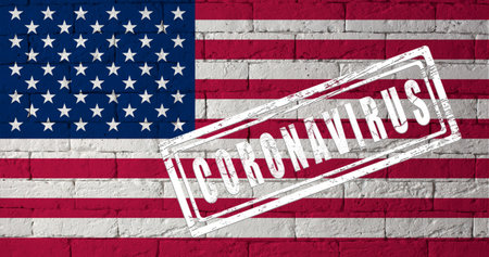 Flag of the United States with original proportions. stamped of Coronavirus. brick wall texture. Corona virus concept. On the verge of a COVID-19 or 2019-nCoV Pandemic.の写真素材