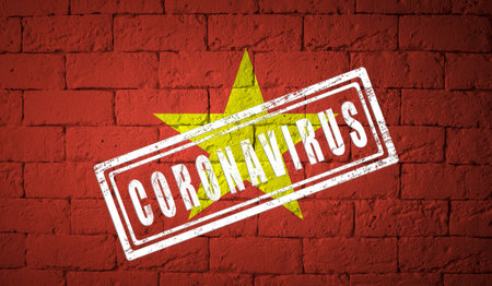 Flag of the Vietnam with original proportions. stamped of Coronavirus. brick wall texture. Corona virus concept. On the verge of a COVID-19 or 2019-nCoV Pandemic.の写真素材