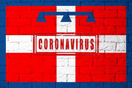 Flag of the regions of Italy Piedmont with original proportions. stamped of Coronavirus. brick wall texture. Corona virus concept. On the verge of a COVID-19 or 2019-nCoV Pandemic.の写真素材