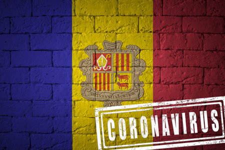 Flag of the Andorra with original proportions. stamped of Coronavirus. brick wall texture. Corona...