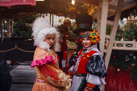 Moscow, Russia, 10 January 2020: Celebration of the New Year and Christmas on the Red Square in the center of Moscow. Holiday fair and amusement park near the Kremlin.のeditorial素材