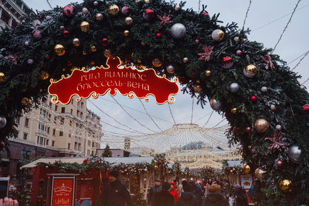 Moscow, Russia, 10 January 2020: Celebration of the New Year and Christmas on the Red Square in the center of Moscow. Holiday fair and amusement park near the Kremlin.のeditorial素材