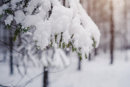Pine trees are covered with snow on a frosty evening. Beautiful winter photoの写真素材