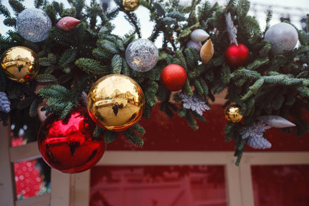 Journey to Christmas Festival 2020 in Moscow city, Russia. New Year decor, Christmas decoration on street. Christmas market, fair with artworksの写真素材
