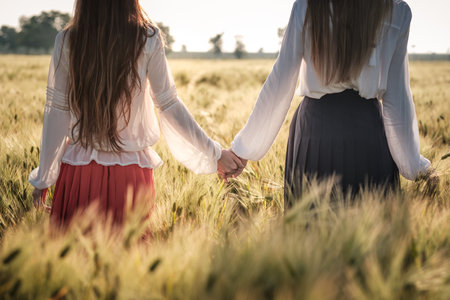 Red-haired girl in a wheat field at sunset. Beautiful woman in golden field at sunset, Backlit warm tonesの写真素材