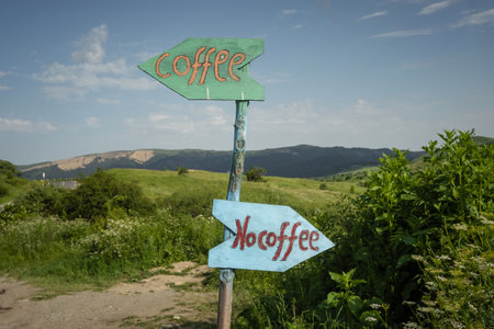 Funny signpost on a mountain road near a small cafe, Georgia, Kakhetiの写真素材