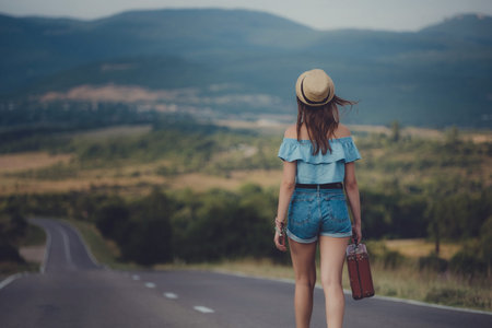 women is hailing a car on a road. Thumbing a ride. Outdoors vacation ..