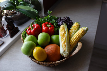 Fresh mixed fruits and vegitables. Healthy eating. Top view