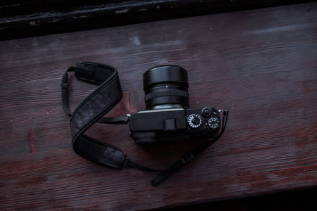 MOSCOW, RUSSIA - 14 MARCH 2019: Fujifilm GFX50s Camera, Fujifilm Mirrorless. Mirrorless camera in the window in studio. Closeup view of digital camera.のeditorial素材