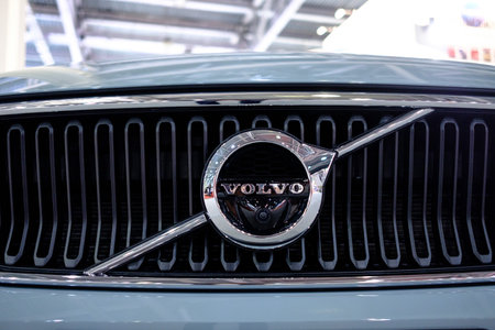 MOSCOW, SEPTEMBER 31, 2018: The newest VOLVO car on automotive exhibition stand on MMAC 2018. Automobile show of family personal cars. World last automotive developments and achivements. close-up logoのeditorial素材