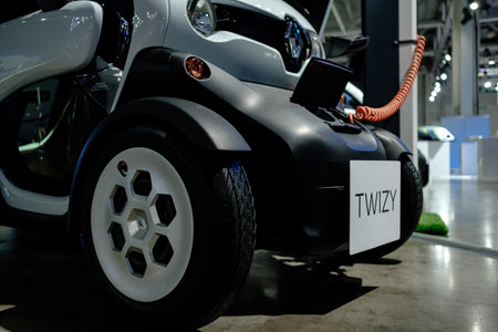 MOSCOW, SEPTEMBER 31, 2018: The newest Renault Twizy electro car on automotive exhibition stand on MMAC 2018. Automobile show of family personal cars.のeditorial素材
