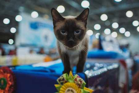 Cat show. Kitten looks into the camera. Cat breed. Pets. Kitten with a big mustache. Exhibition or fair catsのeditorial素材