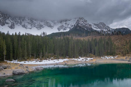 Forest destroyed in South Tyrol, northern Italy. Here's what remained after that the extreme weather damaged the forest around Lake Carezza Karersee in Ega Valley in the night of October 29th 2018.の写真素材