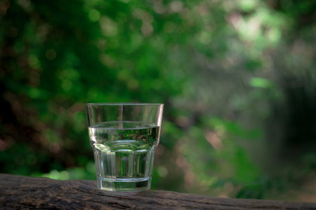 A glass of clean water, on the nature in the forest and river. Concept of a healthy lifestyle and...