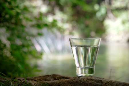 A glass of clean water, on the nature in the forest and river. Concept of a healthy lifestyle and...