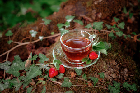 Fruit red tea with wild berries in glass cup, in forest, on bright background. summer season....