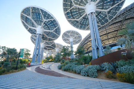 Dubai, UAE - 02.13.2021: Terra Sustainability Pavilion at the EXPO 2020 built for EXPO 2020 scheduled to be held in 2021 in the United Arab Emirates. solar panelsのeditorial素材