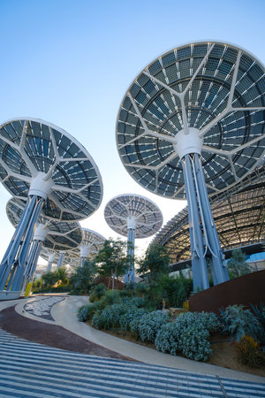 Dubai, UAE - 02.13.2021: Terra Sustainability Pavilion at the EXPO 2020 built for EXPO 2020 scheduled to be held in 2021 in the United Arab Emirates. solar panelsのeditorial素材