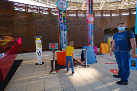 Dubai, UAE - 02.13.2021: Inside one of the halls of a sustainability pavilion of EXPO 2020. activities for children and adultsのeditorial素材