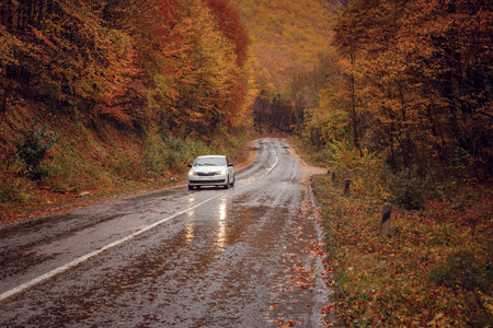 Beautiful colorful curved Autumn Fall road in the mountains of Crimea, Ukraine. White car on a...