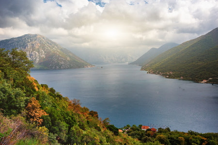 Bay of Kotor from the heights. View down from the observation platform on the mountain Lovcen....