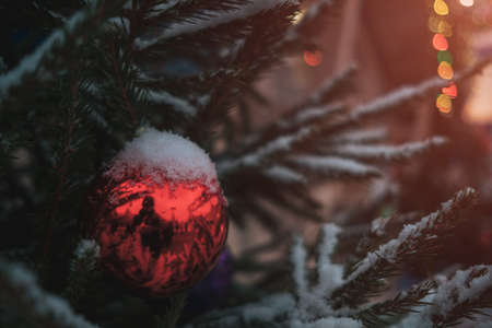 Christmas decorations on Christmas trees, streets of winter Moscow, Christmas markets and festivals in snowの写真素材