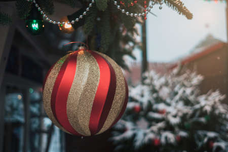 Christmas decorations on Christmas trees, streets of winter Moscow, Christmas markets and festivals in snowの写真素材