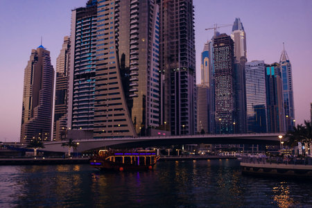 DUBAI, UAE - MARCH 10, 2017: Modern buildings in Dubai Marina, Dubai, UAE. In the city of artificial channel length of 3 kilometers along the Persian Gulf.のeditorial素材
