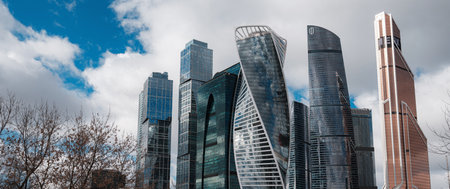 MOSCOW, RUSSIA - February 20, 2020: Moscow City. View of skyscrapers Moscow International Business Center. Large panorama of modern glass buildings from the side of Kutuzovsky Avenueのeditorial素材
