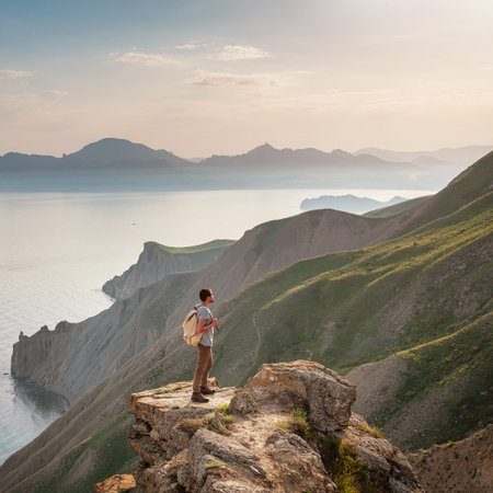 Young man travels alone on the backdrop of the mountains enjoy view of beautiful landscape natural...