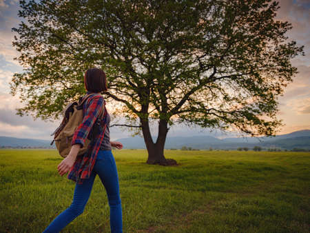 Asian traveler woman walk on the durty road with sunshine and oak tree. In a plaid shirt and with a backpack. The end and the idea of adventure, travel, and discoveryの写真素材