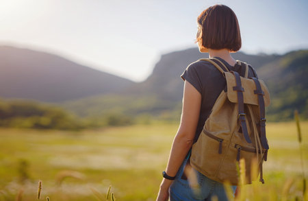 Trendy young woman with a backpack in a field at sunset. Freedom and nature concept. Soft focus