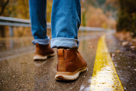 feet of a woman walking along asphalt road in autumn forest in the rain. Pair of shoe on slippery road in the fall. Abstract empty blank of the autumn weatherの写真素材