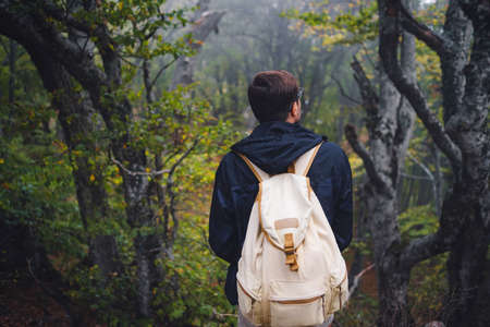 young man traveler in autumn misty nature. rear view. concept active healthy lifestyle, adventure and travel vacationの写真素材