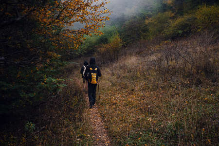 Two man friends with backpack hiking together in autumn nature. Male backpacker relax and enjoy walking on mountain trail. Healthy outdoor lifestyle holiday vacation concept.の写真素材