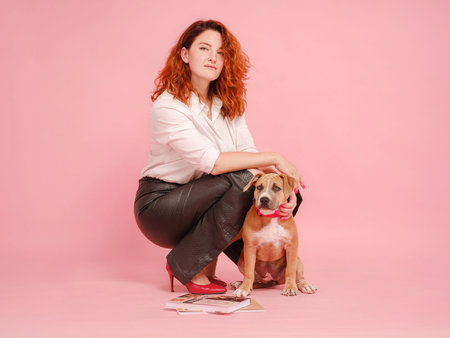 beautiful redhead woman with Cute puppy American Staffordshire Terrier have good relationships,...