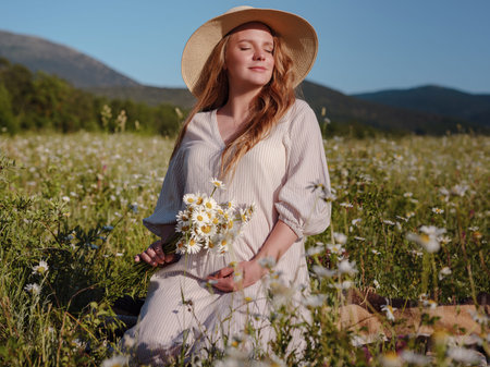 Beautiful pregnant woman in dress and hat relaxing outside in chamomile field. Right choice for your baby digital detox and reconnecting with nature.の写真素材