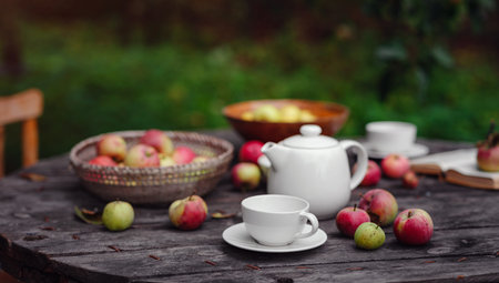beautiful autumn still life in apple orchard, old table with cup, teapot, apples and book. Fall Getaway, Apple Picking anf Harvest Day Celebration conceptの写真素材