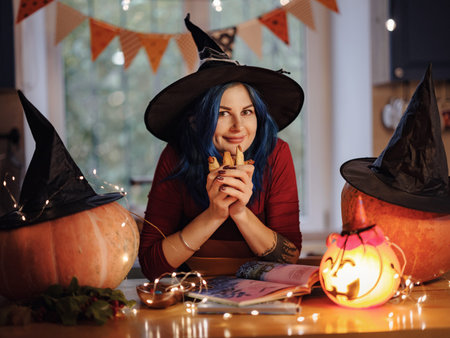 Ready to halloween party. Smiling woman in decorated kitchen eating halloween trick or treat cookies, while awaiting little robbers invasion. Traditional autumn holiday.の写真素材