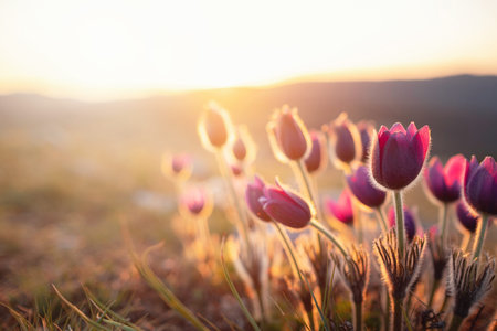 Purple wild crocus flavus flower or pulsatilla or pasque flower growing at sunset outdoors. Early...