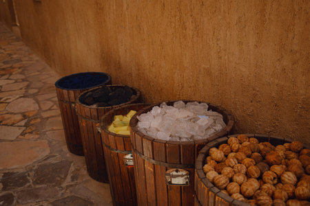 Spices and herbs on the arab street market stall in Al Seef, Dubai, Spices Oriental marketplaceの写真素材