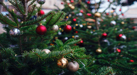 Journey to Christmas Festival 2020 in Moscow city, Russia. New Year decor, Christmas decoration on street. Christmas market, fair with artworksの写真素材