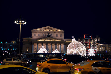 Moscow, Russia, 10 January 2020: Celebration of the New Year and Christmas in the center of Moscow. Elegant decoration of the streets. Bolshoi Theater in Moscowのeditorial素材