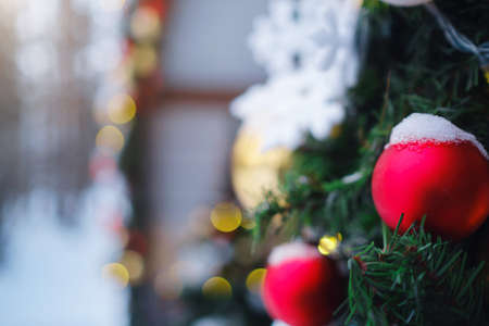 Beautiful decorated Christmas tree in a winter landscape with snow. idea and concept of winter holidays in natureの写真素材