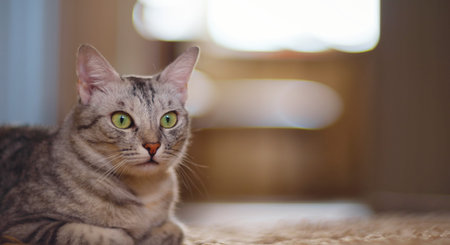 Beautiful gray cat lying on the floor. The concept of pets. Funny tabby cat at home.