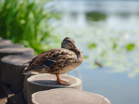 Female mallard duck with in spring lake shore, in city park near river Moskva of estate Arkhangelskoye, Moscow region, Russiaの写真素材