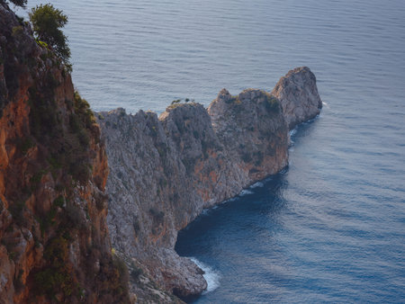 Alanya, turkey, winter walk by mediterranean sea. View from the hill in Alanya. medieval fortress in...